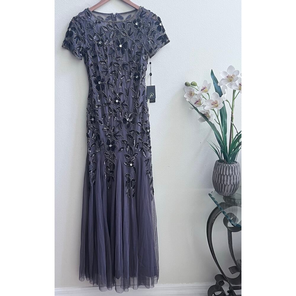 Adrianna Papell Hand Beaded Short Sleeve Floral Godet Gown in Moonscape Dress 0 - Picture 3 of 12